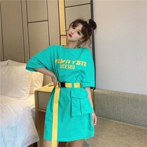Printed short-sleeved T-shirt womens summer new loose casual medium-length top thin letters student large size T-shirt skirt