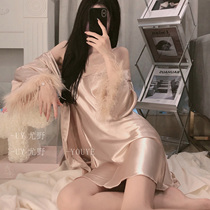 UY Youye socialite feminine * Net red feather heavy industry simulation silk high-end bathrobe silky home robe female autumn