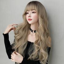 Amazon's new golden big wave wig women's long hair Europe and the United States wind long curly hair air bangs full hood wholesale