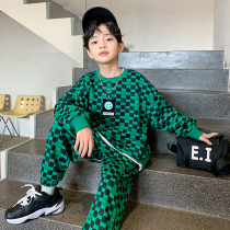 Hong Kong boys spring autumn suit 2022 new smiley face checkerboard g tide cool suit childrens thin sweatshirt casual pants