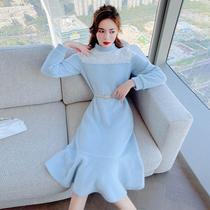 2021 new senior winter dress knee knee long sweater dress with bottom blue knitted dress female spring and autumn