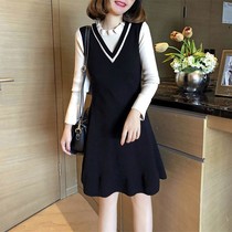 Knitted dress women 2021 autumn and winter New waist thin wooden ear half turtleneck sweater fishtail base skirt tide