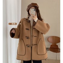 Small double-sided woolen coat womens autumn and winter 2021 New Korean version of retro temperament horns hooded woolen coat