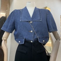 Retro single-breasted small man short sleeve denim jacket female 2021 summer new Korean version of Joker (