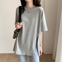 2021 New Korean design sense careful machine irregular T-shirt female Korean loose gray split short sleeve top