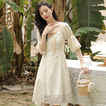 Skirt female summer 2021 new first love fairy sweet square collar bubble sleeve chiffon floral mid-length dress female
