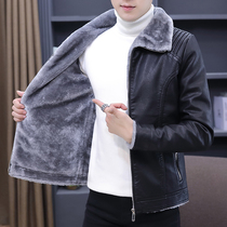 Leather men leather plus velvet thickened trend handsome lapel jacket large size winter lamb fur coat