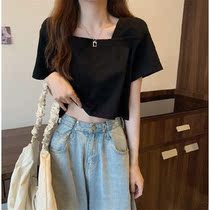 2021 new summer slim Joker short sleeve T-shirt female short Spice Girl style design sense French square collar clothes