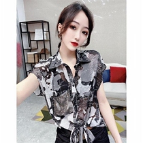 European station 2021 summer new floral shirt European hot Diamond women short sleeve foreign style hanging knot chiffon top