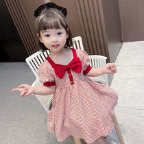 Girls Plaid dress cute and sweet summer new childrens cake dress childrens 3456 bubble sleeve skirt