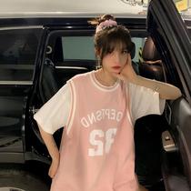 Fake two pink basketball clothes womens pure cotton 2021 summer new super fire Harajuku loose port wind class suit jersey