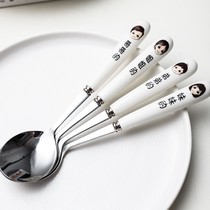 Family parent-child stainless steel spoon adult child baby long handle ceramic rice spoon soup spoon household chopsticks set