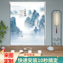 New Chinese landscape painting roller curtain study office living room roll-pull blackout curtain-free installation