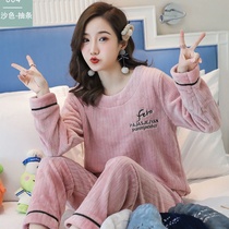 Cardigan Korean fresh coral velvet pajamas female padded flannel suit home clothing autumn and winter long sleeves Spring and Autumn wear