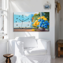 Horizontal oil painting rectangular hanging painting wall clock Nordic pastoral modern simple watch living room dining room can cover the meter