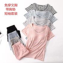Modal Women with Chest Pad Striped Short Sleeve Set bra-t One-Free Bra Half Sleeve Loose Shorts Home Clothes