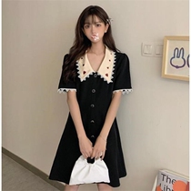 Large size womens wear baby collar embroidery love Hepburn wind small black dress fat sister retro waist slim skirt