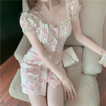 Floral dress female wooden ear side collar bubble sleeve French retro short sleeve skirt 2021 summer new skirt