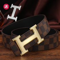 Hermès Belt Mens H-shaped buckle cowhide fashion casual leather Plaid tide society young and middle-aged trousers belt