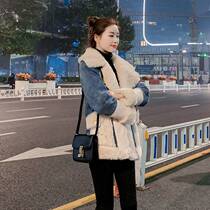 European station 2021 Winter new European lamb wool stitching denim coat womens long loose velvet jacket