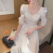Super fairy dress women 2021 spring new square collar waist thin French dress Medium-length dress