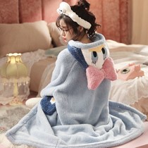 Pajamas womens autumn and winter long cartoon cute coral velvet nightgown winter thickened velvet hooded flannel Sleep Full
