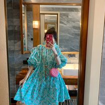 2021 summer new skirt water blue floral thin bubble sleeve large skirt high waist plus size Korean dress female