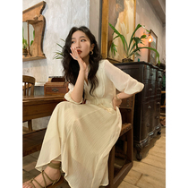  Ren Xiaoyi Early autumn French retro cotton and linen v-neck dress waist thin design sense niche over-the-knee skirt