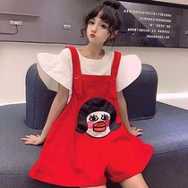 (Suit) Korean version of Joker lotus leaf sleeve T-shirt cute student embroidery loose strap pants female summer suit female