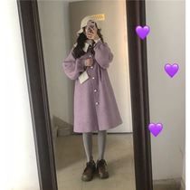 Taro purple retro loose woolen woolen coat female medium long pearl buckle thick coat student Korean version of woolen winter