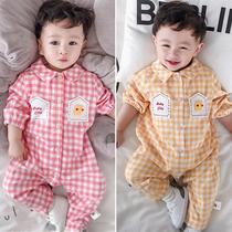 New baby jumpsuit baby dress cartoon Plaid long sleeve spring and autumn patch baby clothes hug casual wear