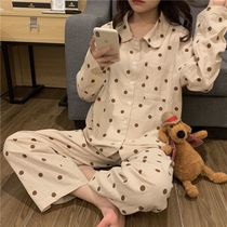Net red pajamas female spring and autumn ins cardigan long sleeve simple small polka dot casual home wear girl two-piece set