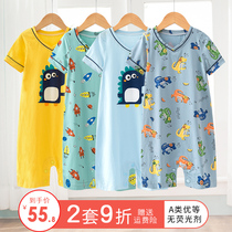 Childrens one-piece pajamas thin summer boys short-sleeved pure cotton boys and girls summer middle and large childrens jumpsuit anti-kick belly protection