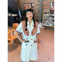 White short sleeve double-breasted shawl suit dress 2021 summer temperament new Korean design niche dress women