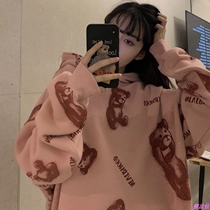 Anti-pilling fried street cartoon bear printed sweater female tide ins velvet thickened autumn and winter hooded couple coat