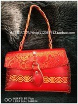 Leather wallet Mongolian elements handmade seam edge carved pocket red Hand bag Inner Mongolia crafts