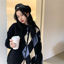 Academy style Lingge color knit cardigan jacket Hong Kong style retro loose Joker matching color sweater long