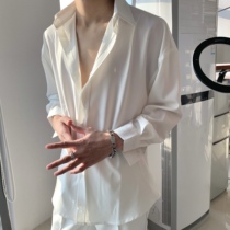 Abstinence ice silk INS temperament retro drape free ironing white black shirt mens and womens long-sleeved ruffian handsome Korean loose