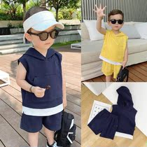 Baby childrens clothing Male baby summer two-piece suit 3-5 years old childrens fake two-piece hooded vest leisure suit