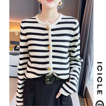 ICICLEs and womens clothing 2022 spring new black and white striped wool knit cardiovert round collar jacket short