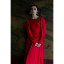 Note of love retro red Bubble Cuff Irregular Skirt Hem Dress Bride to the usual wear