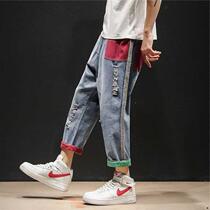  Tide brand ins color matching jeans mens Hong Kong style large size casual beggar pants loose student hole nine-point straight pants