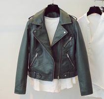 Korean green leather clothes womens short 2021 spring and autumn new lapel slim trend jacket motorcycle wild jacket