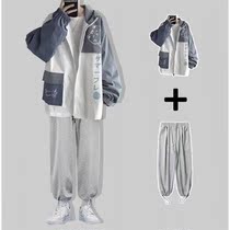 Jili handsome jacket men Korean version of Joker loose hip hop jacket set men ins spring and autumn casual pants with 2 pieces tide