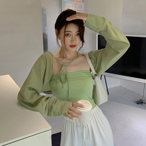 Tencel thin section womens sunscreen cardigan summer sundress outer shawl blouse Two-piece set of half-cut top small jacket