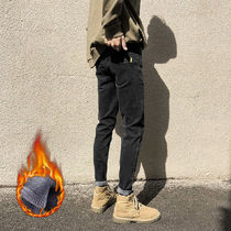 Autumn and winter Cavet thickened elastic jeans Mens body slim Han version trendy black small feet long pants man
