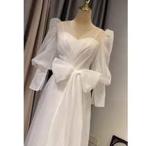 Light wedding dress 2021 new bride French fairy Air white light luxury niche high-end out yarn small evening dress winter
