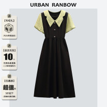 Withdrawal of cabinets 30% off specialty store new fat MM high waist self-cultivation thin fake two-piece lapel short-sleeved splicing dress