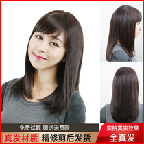 Wig Female long hair Full headgear natural qi bangs Bald head can tie long straight hair round face Middle-aged mother wig