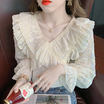 Xianqi loose ruffled cross V-neck chiffon top long sleeve womens autumn New Lantern sleeve embroidered shirt tide